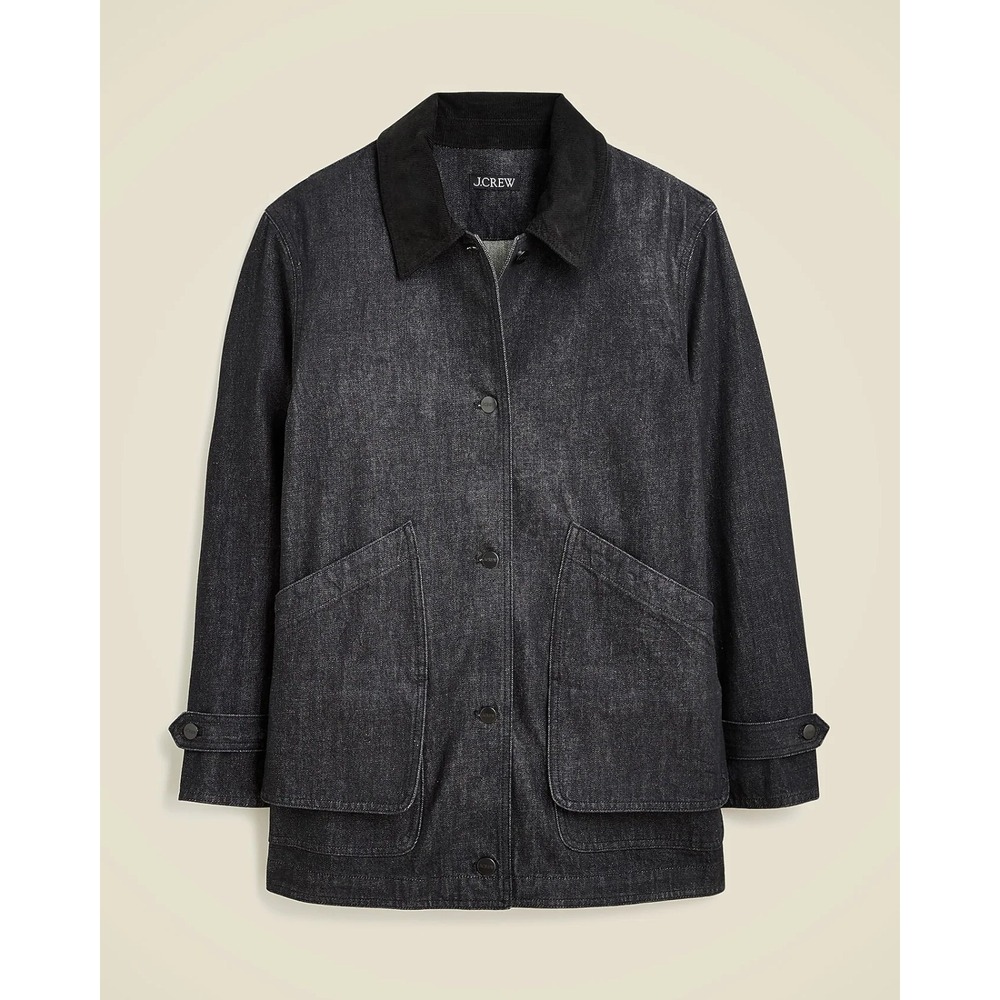 J.Crew Womens Denim Barn Coat M Black Wash Chore Jacket Corduroy Collar Utility
